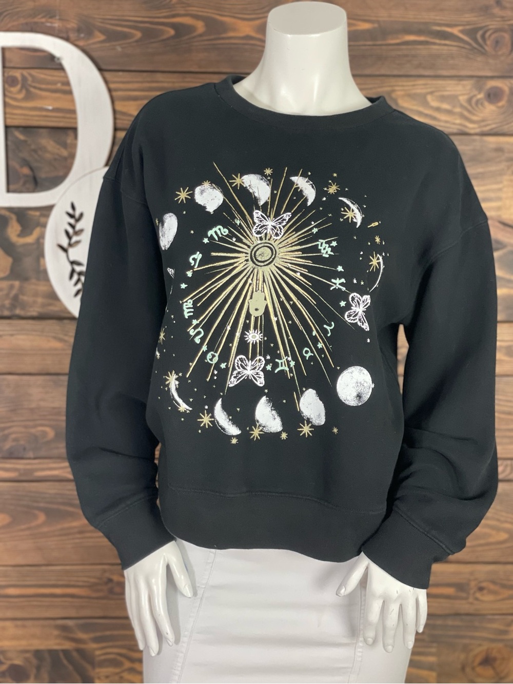 Lucky Brand | Sun and Moon Fleece Black Celestial Graphic Crewneck Sweatshirt